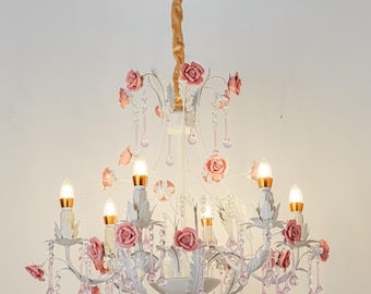 Pink Crystal Floral Chandelier Cottage-Style Handcrafted Ceramic Rose Pendant Light