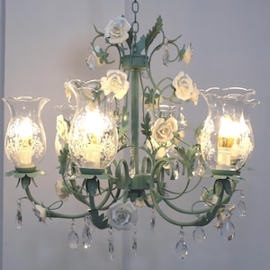 Green Floral Chandelier Pendant Light with Crystal Drops and Porcelain Roses