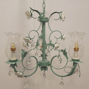Green Floral Chandelier Pendant Light with Crystal Drops and Porcelain Roses 3 lights