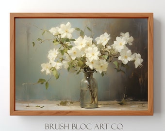 Afdrukbare witte bloemen olieverfschilderij, vintage witte bloemen Art Print, witte bloemen muur kunst digitale download