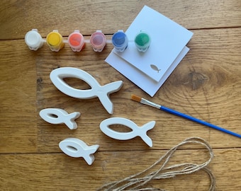 Hand cast Ichthus paint your own set - undecorated plaster ready to paint , with gift card
