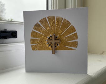 Christian card and envelope with handmade paper design and wooden cross.