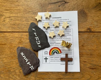 Bible covenant objects with 1 or 10 Postcards of Covenant descriptions (as resources for learning and discussion)