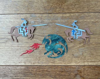 Knight and dragon with fire die cuts or jousting knights, spiritual battle, St George, multiples of 6 or 12 complete sets