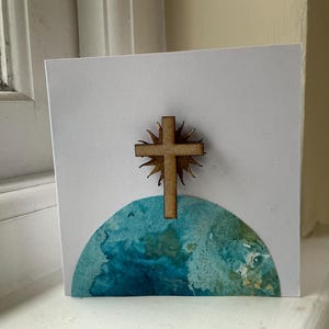 Handgefertigte Karte und Magnet Geschenk-Weltbild & Holzkreuz Magnet, ( Ostern, Ordinierung, Taufe, Konfirmation)