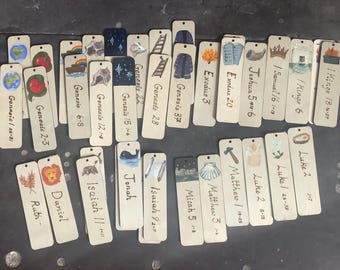 Jesse Tree wooden tags , hand painted picture and scripture verse