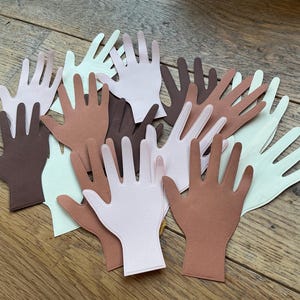 May include: A collection of paper hand cutouts in various skin tone colors, including light pink, brown, and tan. The hands are arranged on a wooden surface, creating a diverse and inclusive visual.