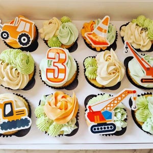 Adornos para cupcakes con diseños de excavadoras y camiones con purpurina, cartulina de 250 g/m² para fiestas.
