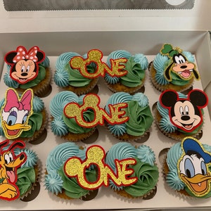 Mickey Mouse Cupcake Toppers | Disney Birthday Party Decorations | Glitter Cupcake Picks | Kids Birthday Cake Supplies | Mickey Party Decor