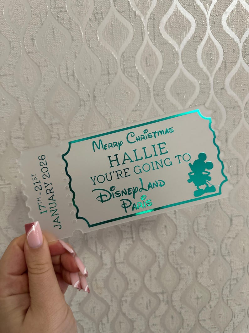 Personalized Acrylic Disneyland Ticket | Surprise Trip Reveal, Keepsake Gift White Frosted -Des 1