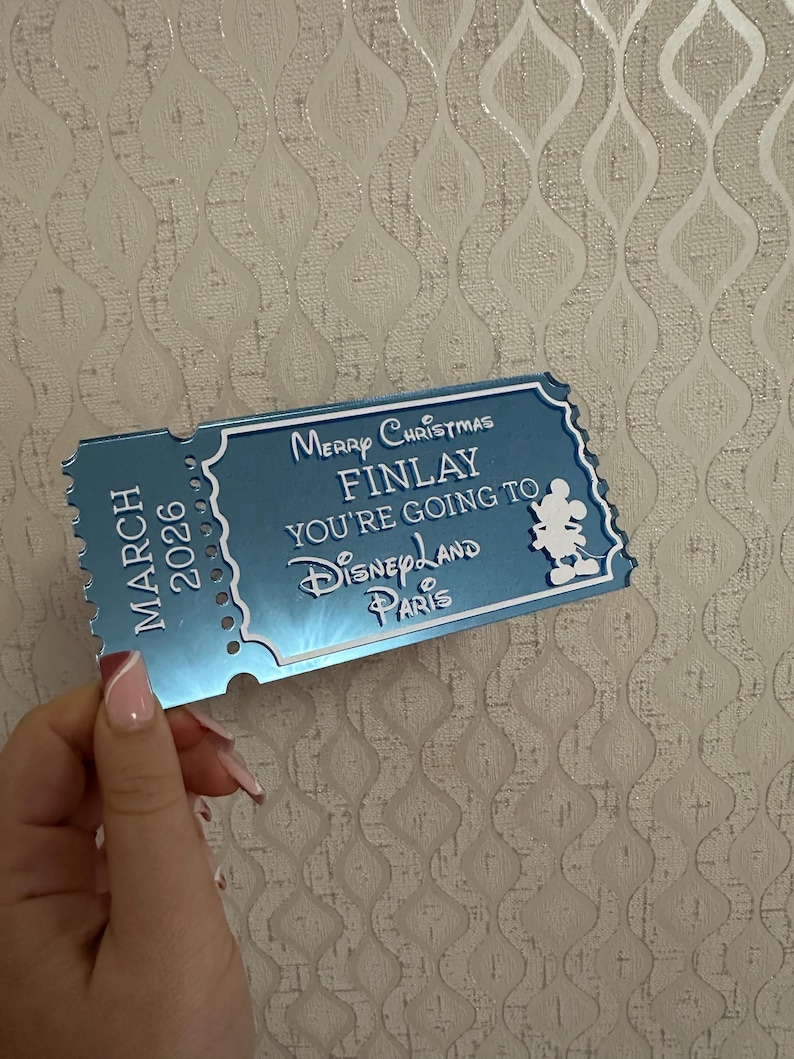 Personalized Acrylic Disneyland Ticket | Surprise Trip Reveal, Keepsake Gift Mirror Blue - Des 1