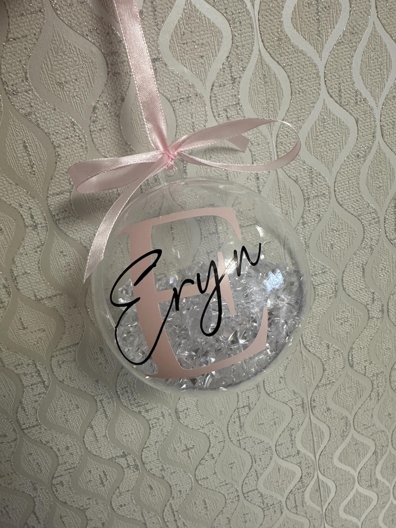 Personalised Crystal Christmas Bauble | Custom Name Ornament | Family Xmas Tree Decoration | Holiday Keepsake Gift | Acrylic Bauble Pale Pink