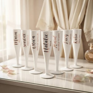 Personalised White Plastic Champagne Flutes | 175ml Wedding Toasting Glasses with Vinyl Text