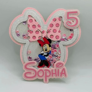 Minnie Mouse Shaker Cake Topper | Personalised Pink Glitter Birthday Topper | Custom Name Disney Party Decoration | Kids Cake Supplies