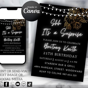 Puede incluir: Invitación a una fiesta de cumpleaños en blanco y negro con detalles florales dorados. La invitación dice "Shh It's a Surprise" e incluye el nombre "Britrey Keith" y los detalles de una fiesta de cumpleaños número 25.