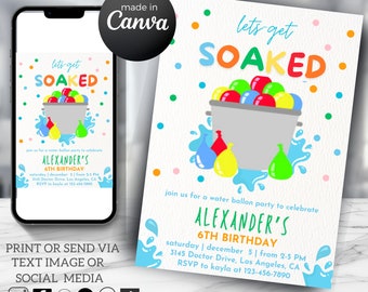 May include: A colorful invitation for a water balloon party to celebrate Alexander's 6th birthday. The invitation features a bucket of water balloons, a blue and green splash, and the text "Let's get soaked!" in rainbow letters. The invitation includes the date, time, location, and RSVP information.