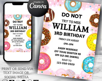 Donut Birthday Invitation: Sprinkle Fun, Treat Yourself, Personalised Customizable (Digital Download)