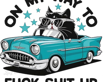 Unhinged Cat in Car PNG: Sassy Retro Design (Digital Download)