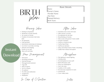 Editable Birth Plan Template | Birth Preferences | Printable Birth Plan | Birth Plan Template Simple | Customizable Birth Plan Template |