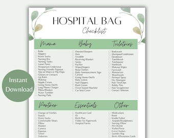 Hospital Bag Checklist | Hospital Bag Checklist Printable | Hospital Bag Checklist Template | Birth Packing List | Labor Bag Checklist
