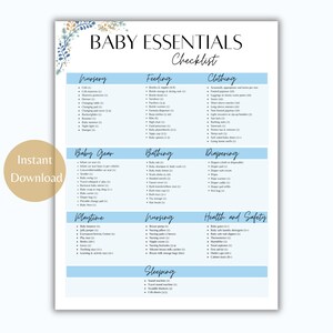 May include: A blue and white checklist for baby essentials. The checklist is divided into categories: Nursery, Feeding, Clothing, Baby Gear, Bathing, Diapering, Playtime, Nursing, Sleeping, and Health and Safety. Each category lists essential items for a new baby, with a number next to each item indicating the quantity needed.