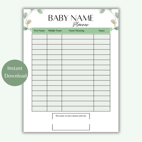 Baby Name Planner | Baby Name Tracker Printable | Baby Name Ideas | Pregnancy Planner | Instant Download PDF