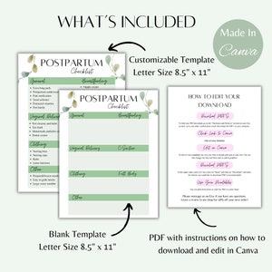 May include: A printable postpartum checklist template in a green and white color scheme with a watercolor floral design. The checklist includes sections for general, vaginal delivery, c-section, breastfeeding, clothing, and other. The template is customizable and can be edited in Canva. The text "Download PDF" is included in the image.