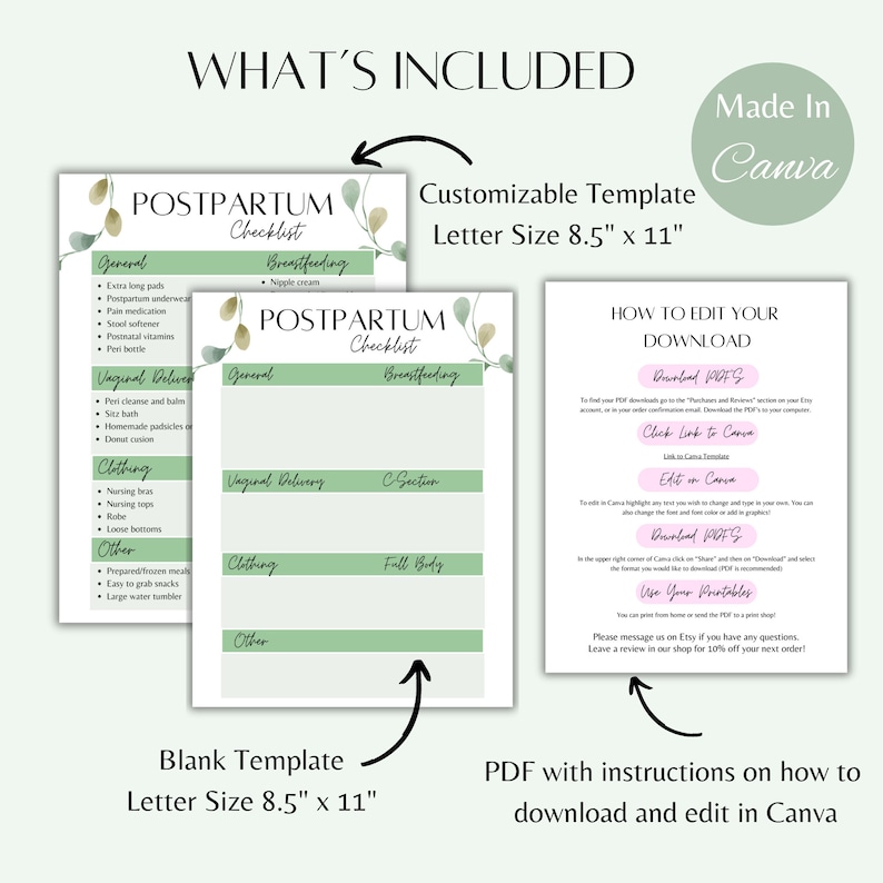 May include: A printable postpartum checklist template in a green and white color scheme with a watercolor floral design. The checklist includes sections for general, vaginal delivery, c-section, breastfeeding, clothing, and other. The template is customizable and can be edited in Canva. The text "Download PDF" is included in the image.