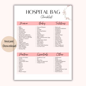 Krankenhaustasche Checkliste | Krankenhaus Tasche Checkliste Printable | Krankenhaus-Tasche Checklist Vorlage | Geburtstags-Packliste | Checkliste für die Wehen