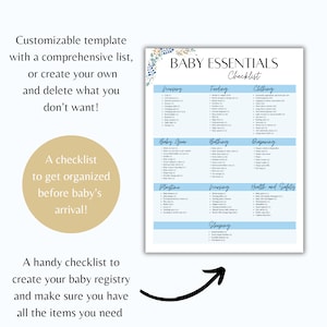 May include: A checklist for baby essentials with categories for nursery, feeding, clothing, baby gear, bathing, diapering, playtime, nursing, health and safety, and sleeping. The checklist is on a light blue background with floral accents.
