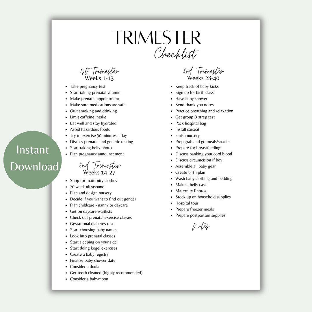 Pregnancy Trimester Checklist | Pregnancy Trimester Printable ...