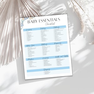 May include: A checklist for baby essentials with categories for nursery, feeding, clothing, baby gear, bathing, diapering, playtime, nursing, health and safety, and sleeping. The checklist is on a white background with blue and green accents.
