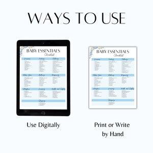 May include: A digital and printable checklist for baby essentials. The checklist is divided into categories such as feeding, clothing, bathing, sleeping, and health and safety. The checklist has a blue and white color scheme with floral accents.