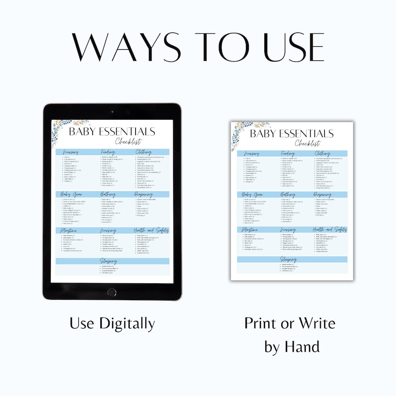 May include: A digital and printable checklist for baby essentials. The checklist is divided into categories such as feeding, clothing, bathing, sleeping, and health and safety. The checklist has a blue and white color scheme with floral accents.