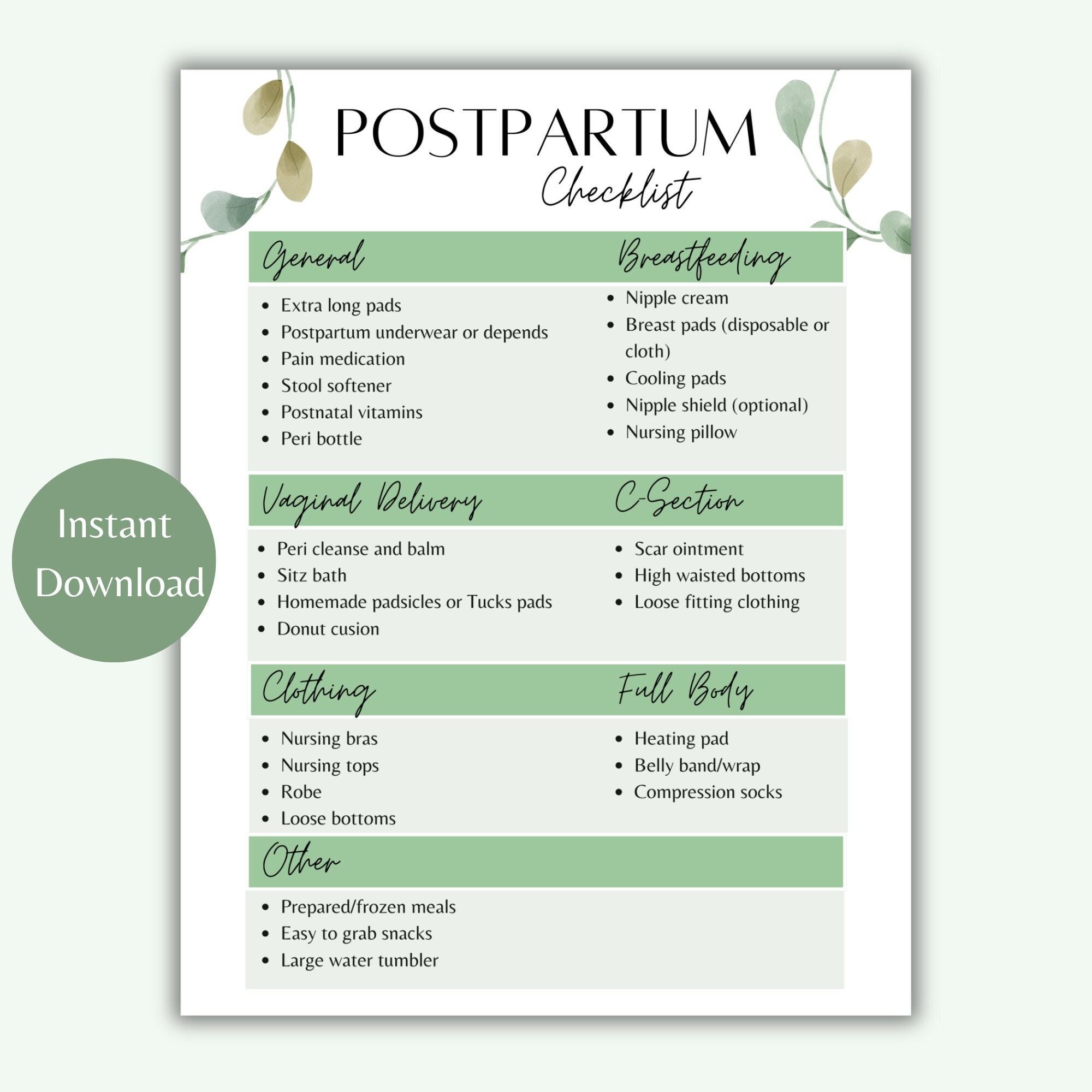Postpartum Checklist | Postpartum Recovery Checklist | Postpartum Checklist Printable | Pregnancy Planner | New Mom Planner