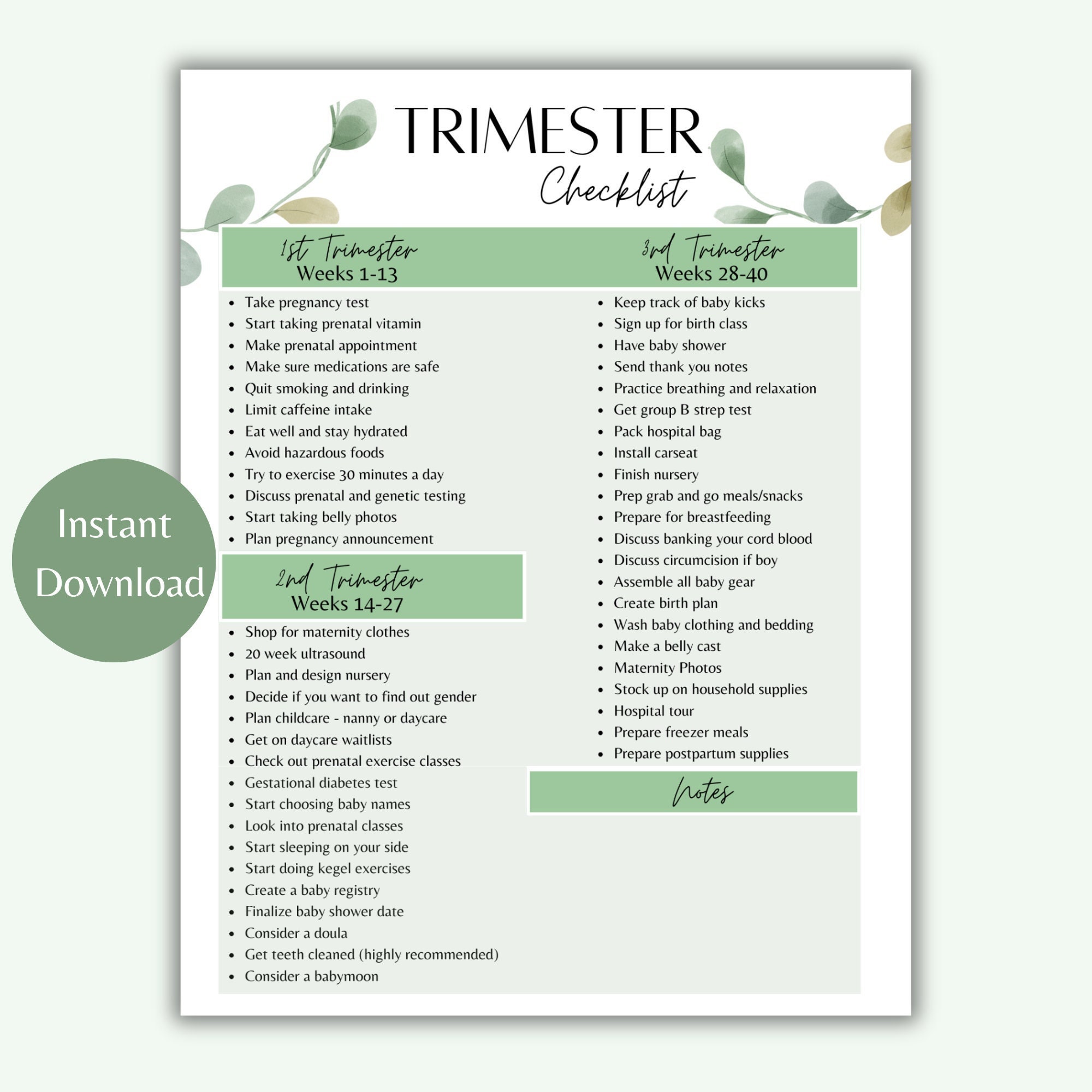Pregnancy Trimester Checklist | Pregnancy Trimester Printable ...