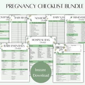 May include: A printable pregnancy checklist bundle with checklists for postpartum, baby registry, newborn, baby names, hospital bag, birth plan, and trimesters. The checklists are decorated with green and gold floral illustrations.
