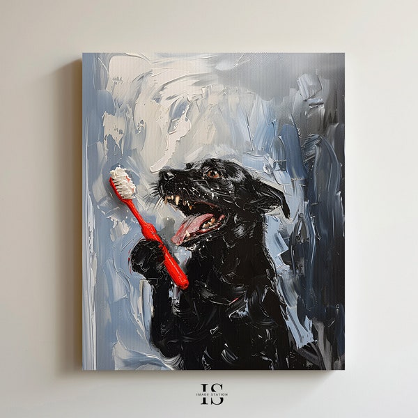 Black Dog Brushing Teeth Oil Painting | Cute Dog Wall Art | Dog Portrait | Funny Bathroom Wall Art | Pet Lover Gift Idea | Animal Painting