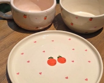PREORDER: Handmade Ceramic Tangerine Dinnerware Set, Hearts Pattern Dish Set, Pottery Coffee Mug & Bowl, Fruit Dishes , Unique Kitchen Gift