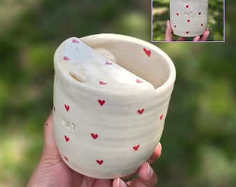 PERSONALIZED Ceramic Travel Mug, Custom Name Pottery Tumbler, Handmade Coffee Cup with Lid, Hearts Pattern Travel Cup, Cute Gift for Her
