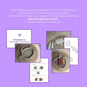 May include: A set of printable templates for creating a ceramic turtle dish. The templates include the turtle shell, head, and two flippers. The image also shows a finished ceramic turtle dish with a gray glaze.