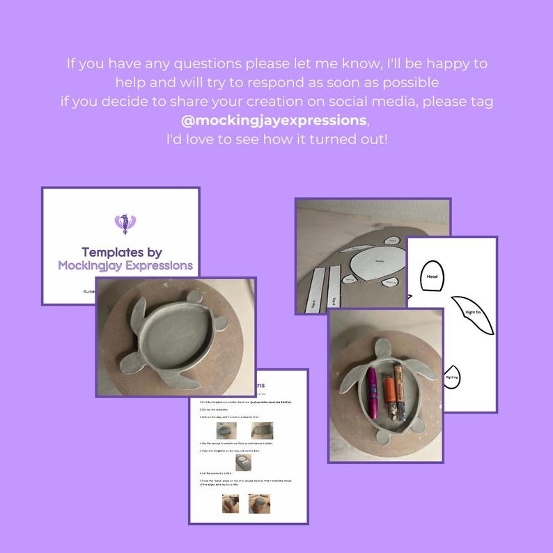 May include: A set of printable templates for creating a ceramic turtle dish. The templates include the turtle shell, head, and two flippers. The image also shows a finished ceramic turtle dish with a gray glaze.