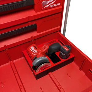 May include: Red Milwaukee Packout tool case with a red and black power tool and battery. The tool has a silver blade and black handle. The case is open, revealing the tool and battery in a black tray.