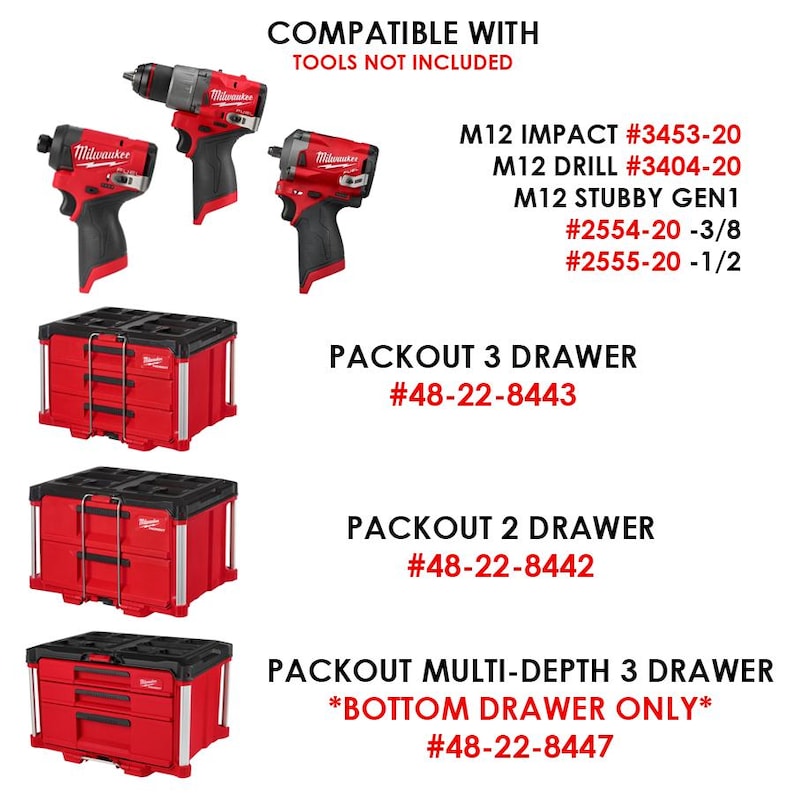 M12 FUEL Drill and Impact Full Drawer Organizer with Stubby Holder – Fits Milwaukee Packout 2, 3 and Multi-Depth Drawers –Tools Not Included image 2
