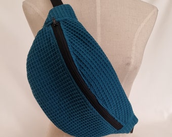 Waffle waist bag, petrol blue gingham interior, ready to ship, cotton fabric