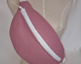 Waffle fanny pack, PINK gingham interior, ready to ship, cotton fabric