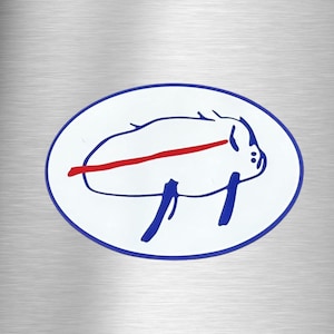 May include: A white circle with a blue outline contains a blue line drawing of a pig with a red line across its back.