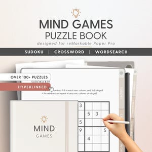 May include: A white digital notepad with a light gray stylus, displaying a Sudoku puzzle with the numbers 3, 5, 3, 5, 9, 5, and 4. The notepad has the words "MIND GAMES" written on the front, along with the text "SUDOKU | CROSSWORD | WORDSEARCH". The text "OVER 100+ PUZZLES" and "HYPERLINKED" are also visible.