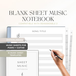 Op de afbeelding: Een blanco bladmuziek notitieboekje compatibel met de Remarkable 2 tablet. Het notitieboekje heeft 15 bladmuziek sjablonen voor piano en gitaar. De kaft van het notitieboekje is wit met zwarte tekst en een viool sleutel symbool. Het notitieboekje is open op een blanco bladmuziek met een hand die er met een zwarte pen op schrijft.