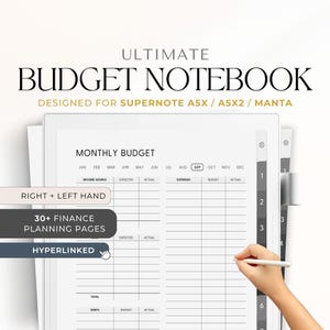 May include: A black and white monthly budget planner page with columns for income source, expected, actual, expenses, budget, and actual. The page is designed for use with the Supernote A5X, A5X2, and Manta digital notepads. The page is labeled "Monthly Budget" and includes a section for "Right + Left Hand" and "30+ Finance Planning Pages". The page is also labeled "Hyperlinked".